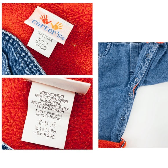 VINTAGE 90s Overalls Pants Jeans Denim Blue Red Fleece Jumper Romper Outfit Snap - Picture 4 of 4